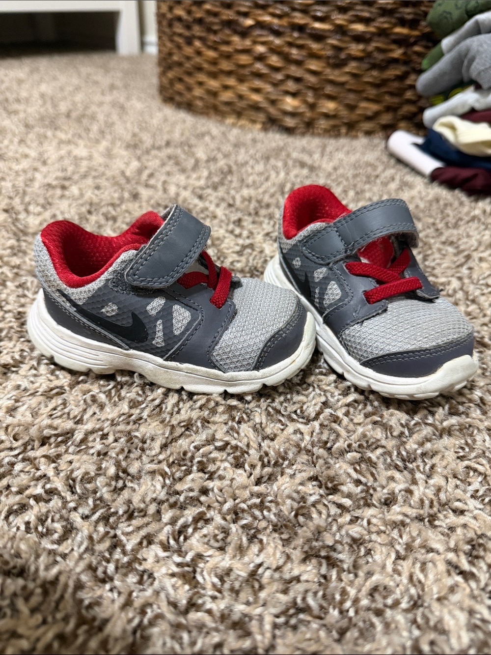 Nike Toddler Gray and Red Athletic Sneakers with Hook-and-Loop Strap